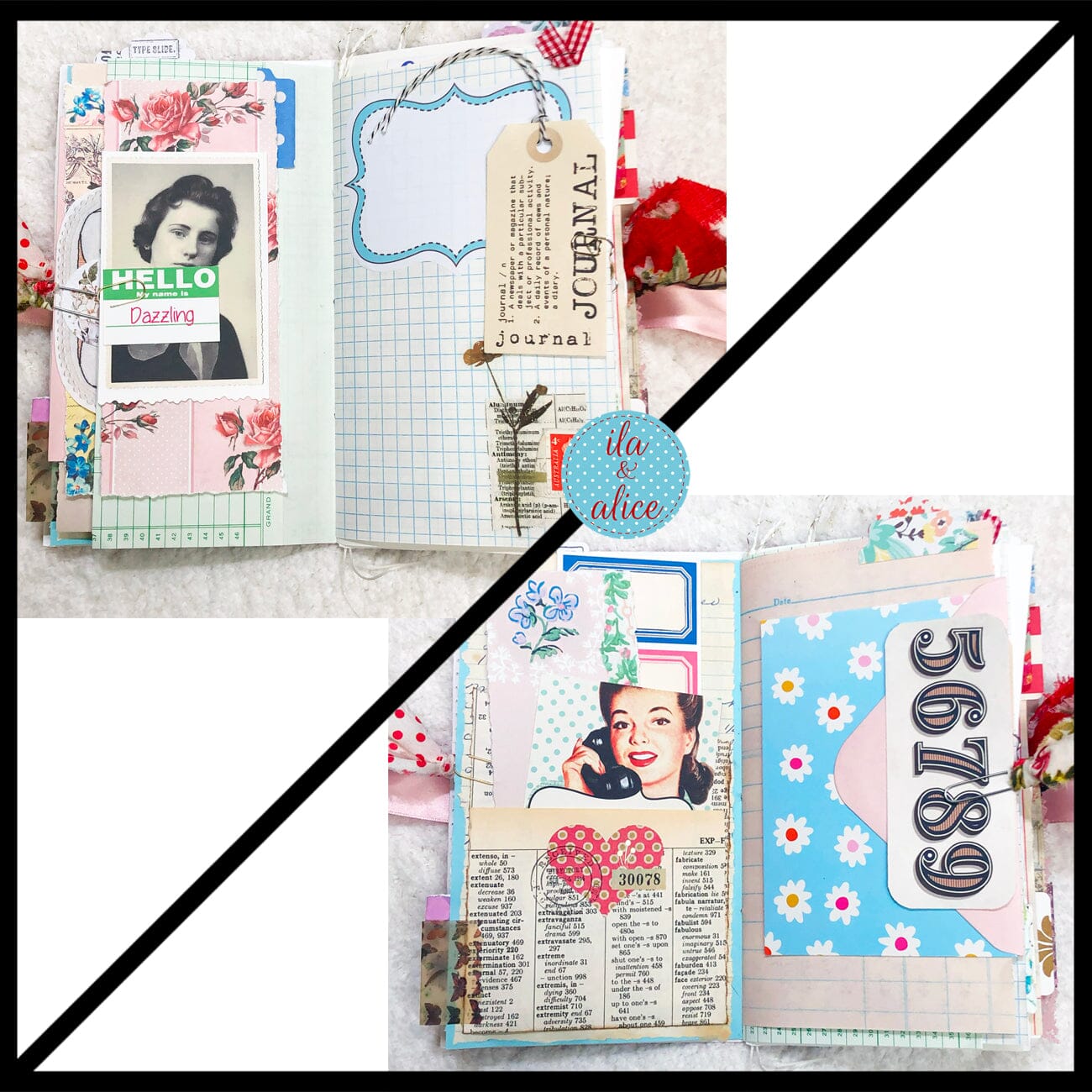 Whimsical Shabby Junk Journal- Pink and Blue with Polka Dots, Red Flowers and Lace
