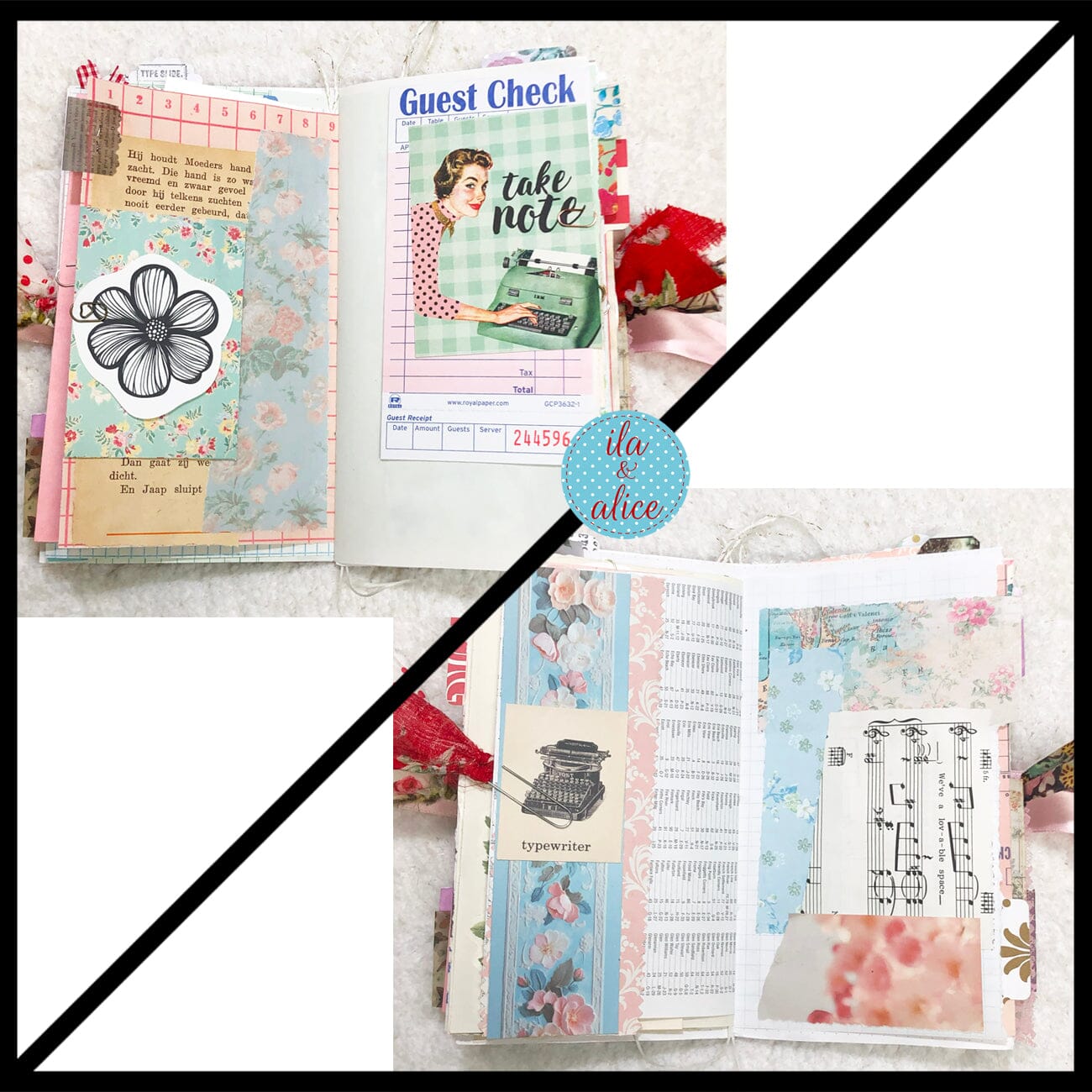 Whimsical Shabby Junk Journal- Pink and Blue with Polka Dots, Red Flowers and Lace