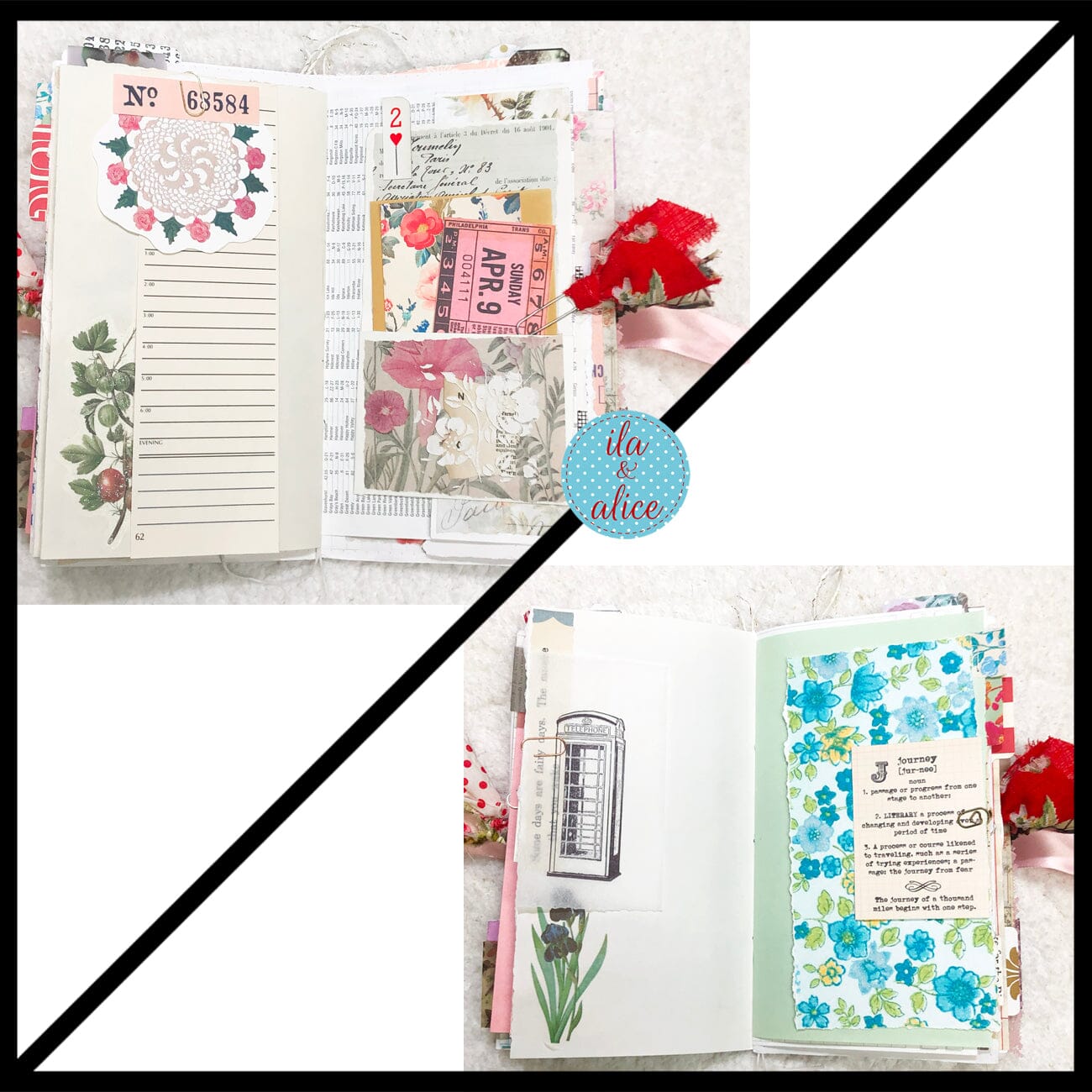 Whimsical Shabby Junk Journal- Pink and Blue with Polka Dots, Red Flowers and Lace
