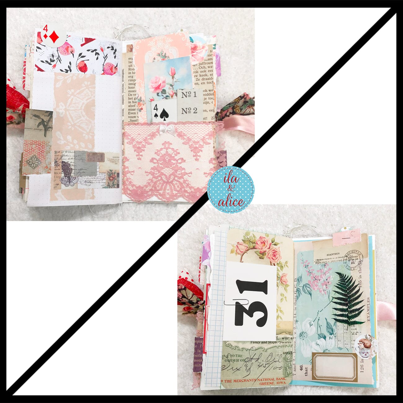 Whimsical Shabby Junk Journal- Pink and Blue with Polka Dots, Red Flowers and Lace
