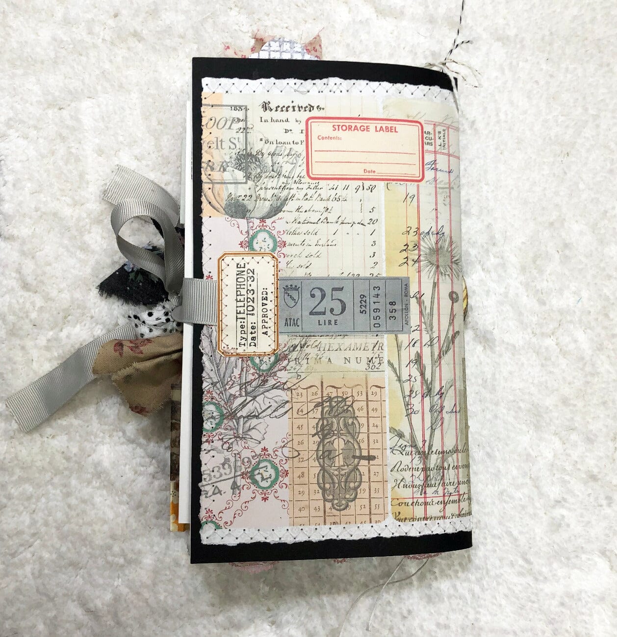 Whimsical Shabby Junk Journal- Pretty Neutral Tones Collage with Flowers & Lace