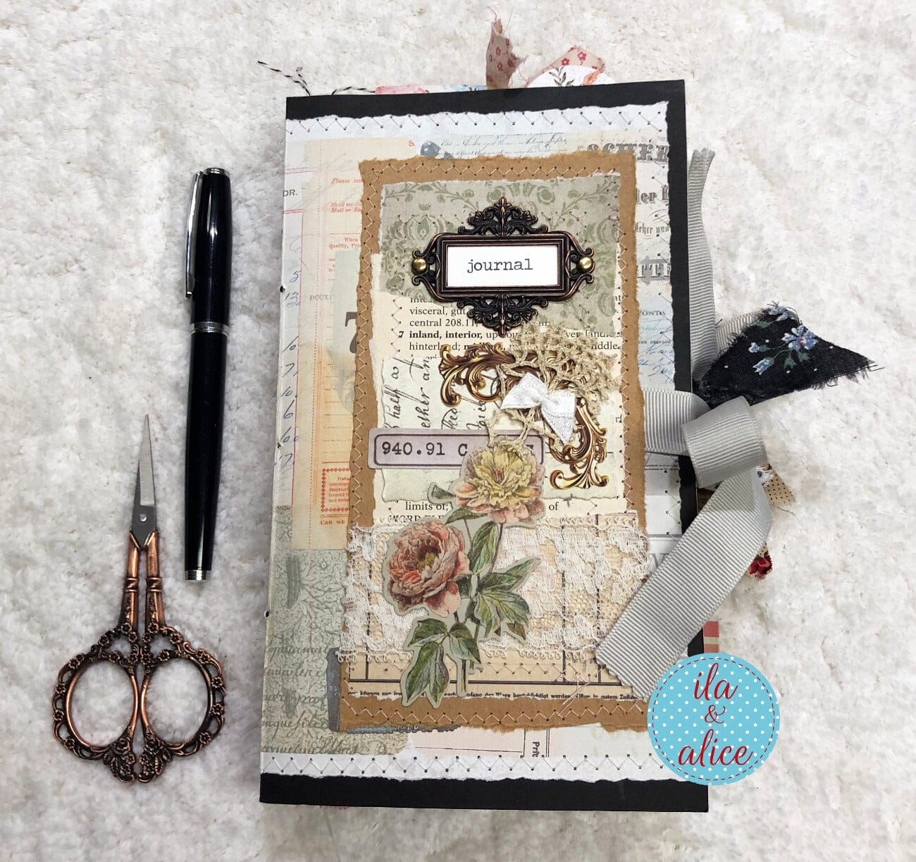 Whimsical Shabby Junk Journal- Pretty Neutral Tones Collage with Flowers & Lace