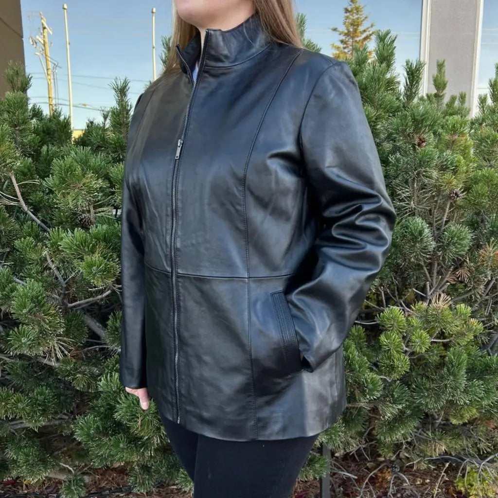 Women's Lamb Leather Jacket with Zipper and Dual Pockets