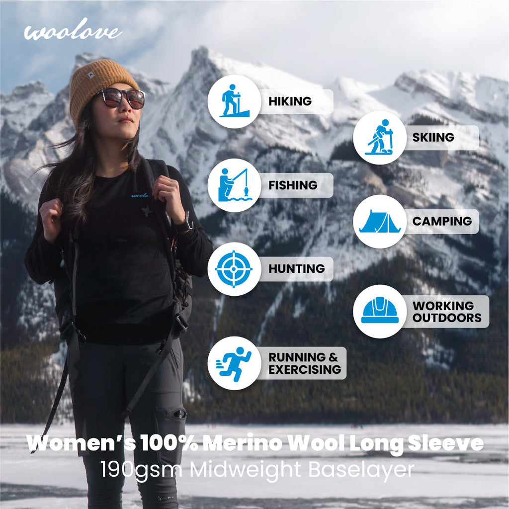 T-shirt à manches longues et col rond 100 % laine mérinos pour femme, 190 g/m²