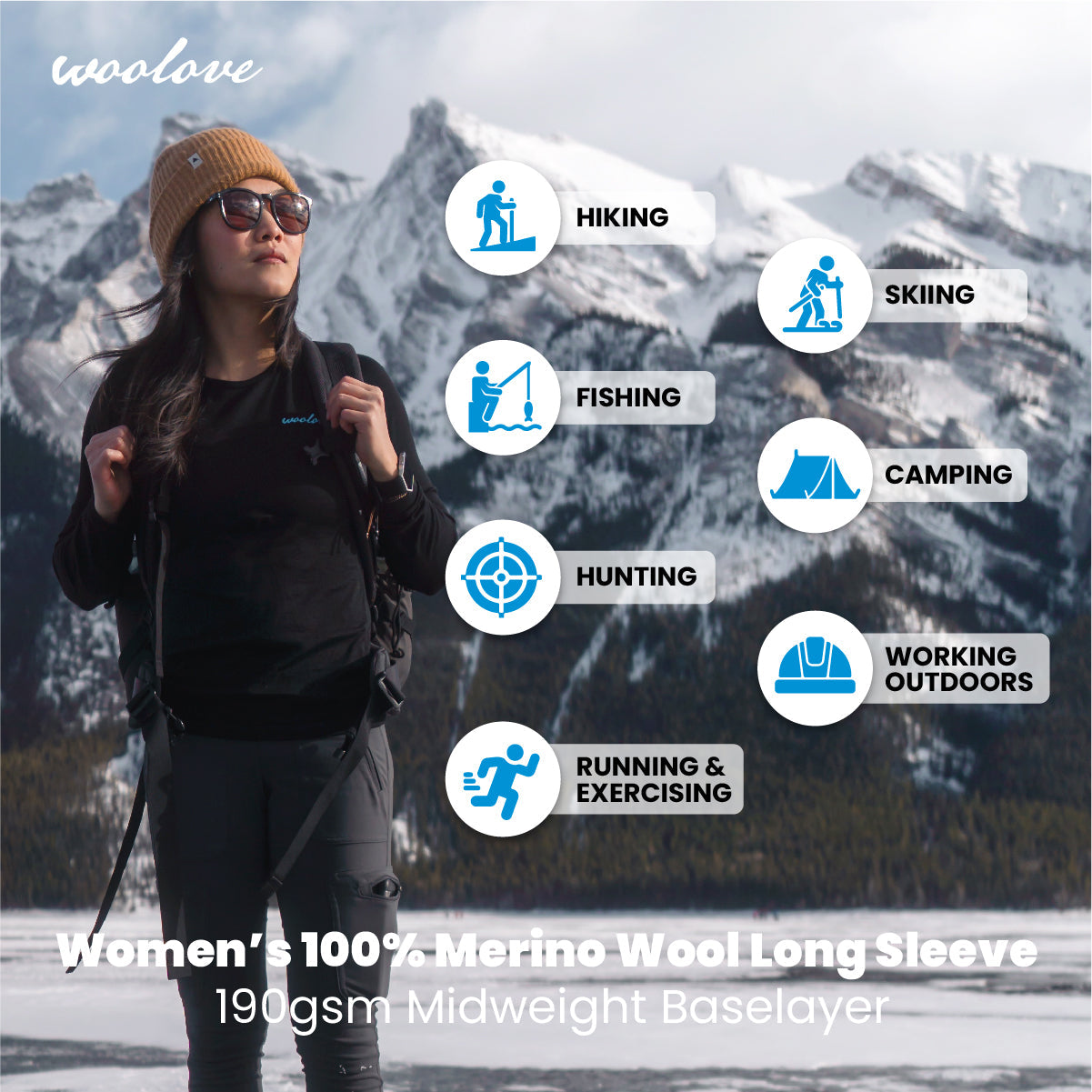 T-shirt à manches longues et col rond 100 % laine mérinos pour femme, 190 g/m²