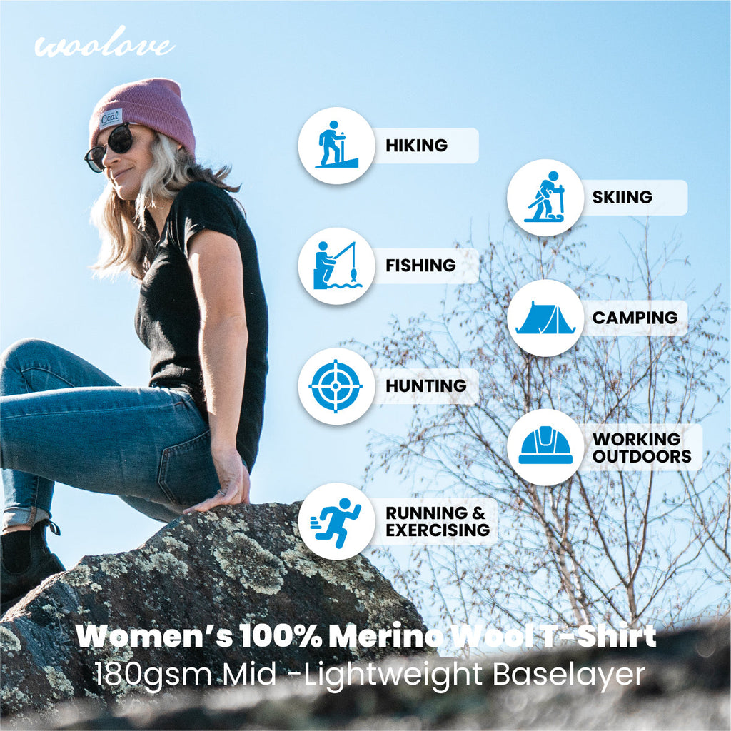 T-shirt à manches courtes pour femme, 100 % laine mérinos, 180 g/m² - Léger 