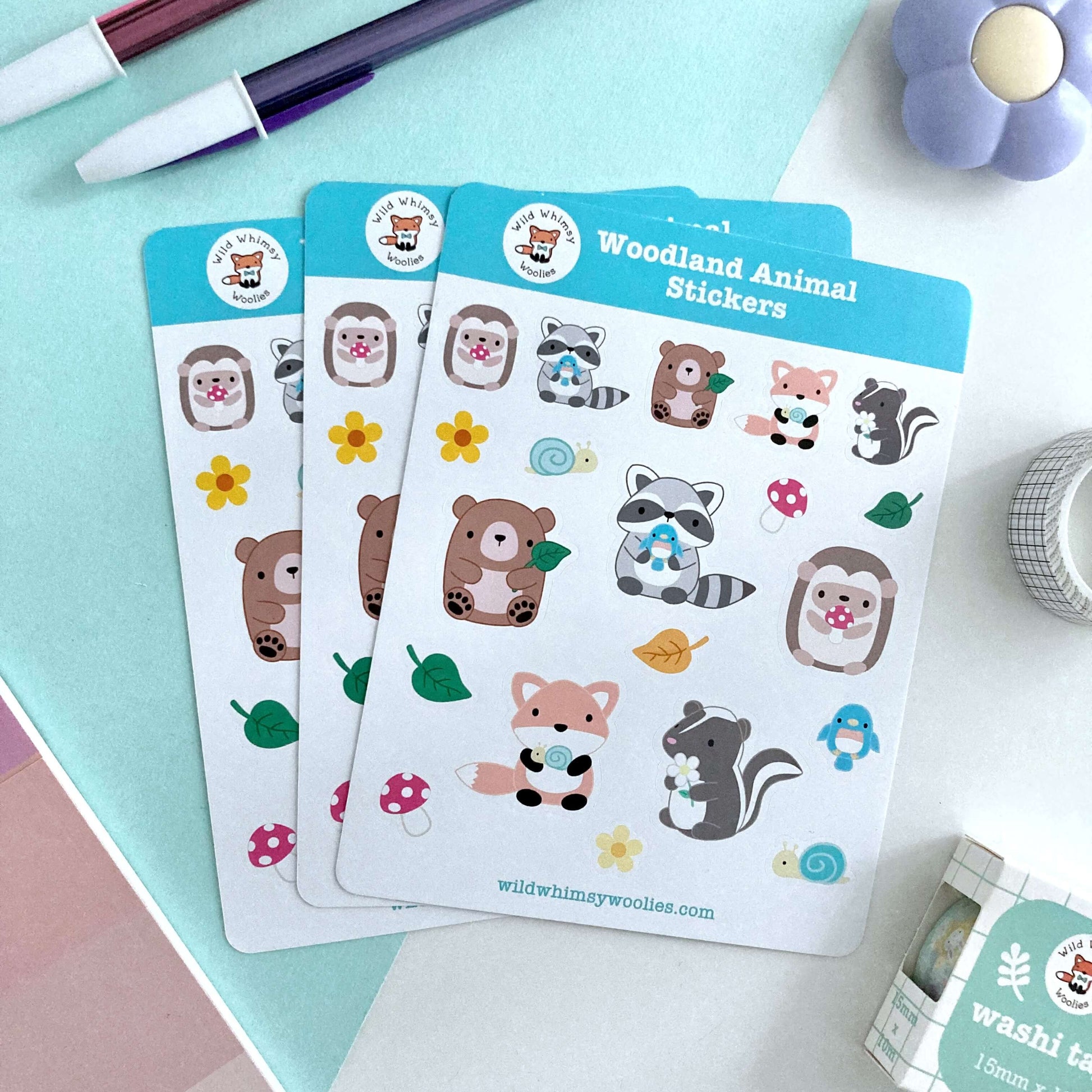 Woodland Animal Vinyl Sticker Sheet - Raccoon, Hedgehog, Fox, Skunk and Brown Bear Planner Stickers