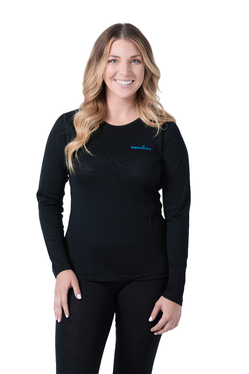 T-shirt à manches longues et col rond 100 % laine mérinos pour femme, 190 g/m²