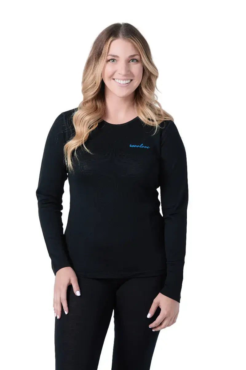 T-shirt à manches longues et col rond 100 % laine mérinos pour femme, 190 g/m²