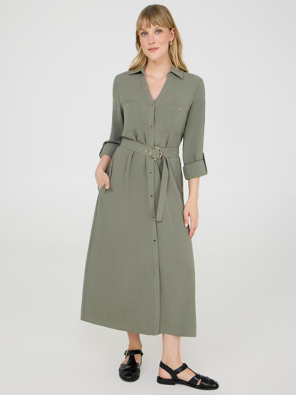 Robe chemise mi-longue à manches longues et ceinture