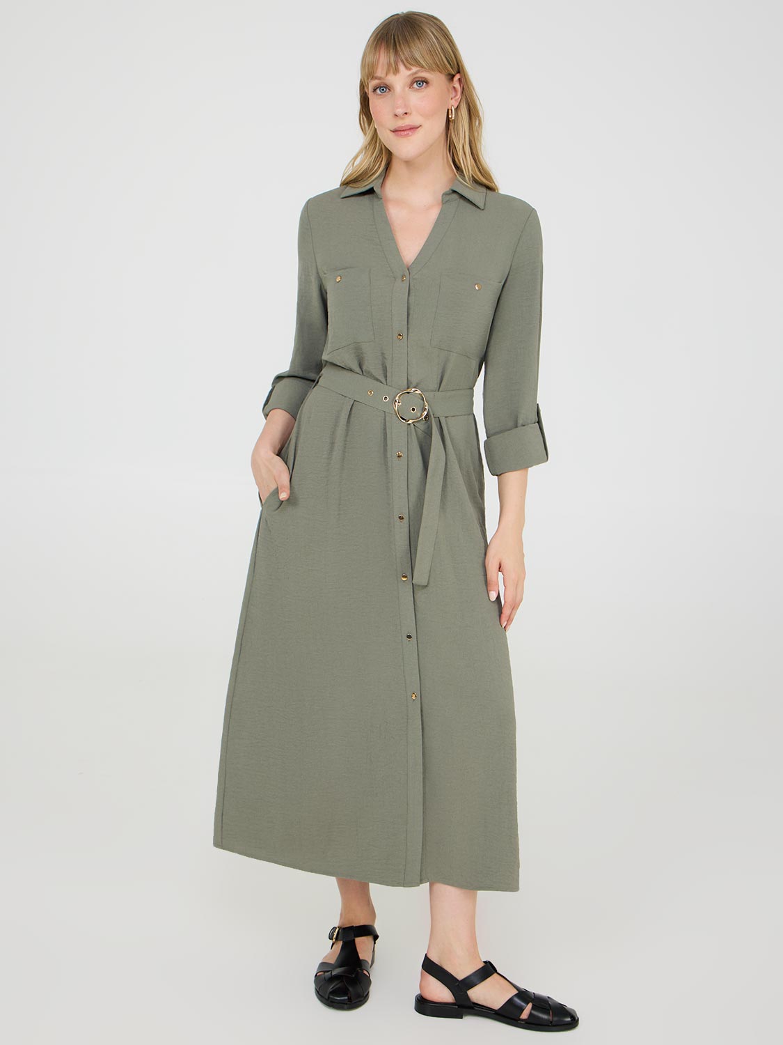 Robe chemise mi-longue à manches longues et ceinture