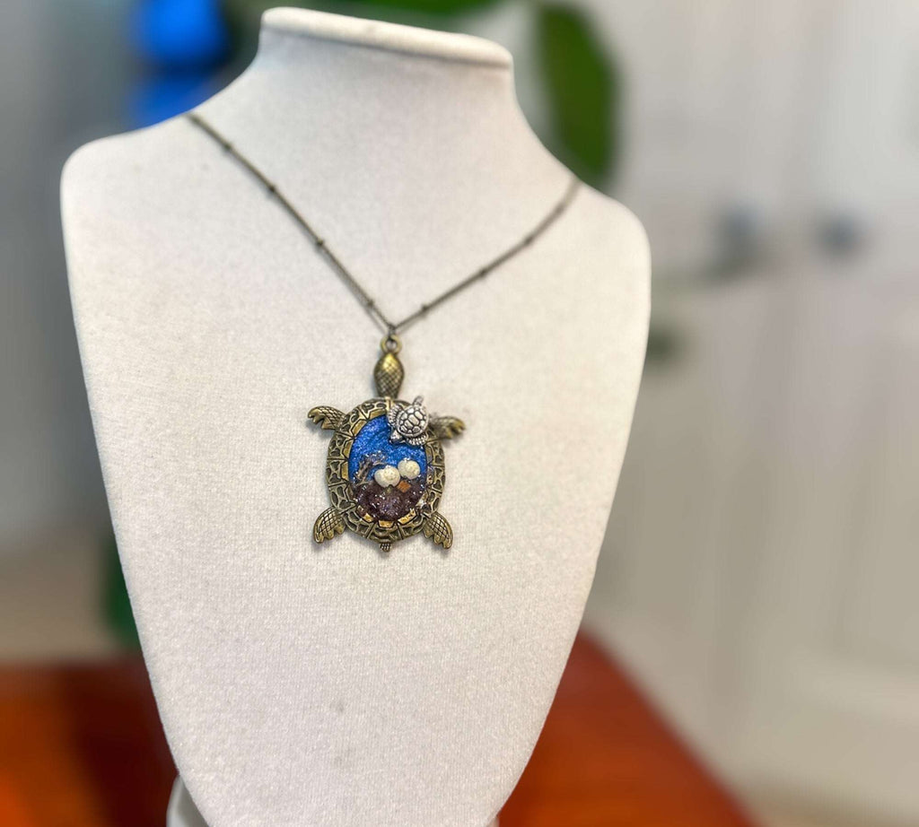 Oceanic Elegance: Turtle-Inspired Pendants with Real Seashells & Sand