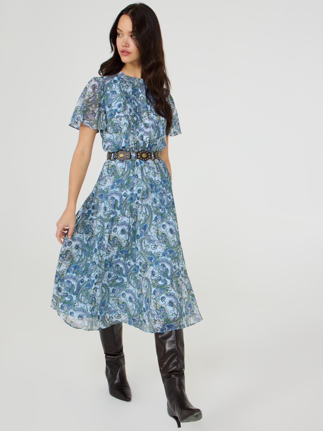 Robe en mousseline plissée à imprimé cachemire