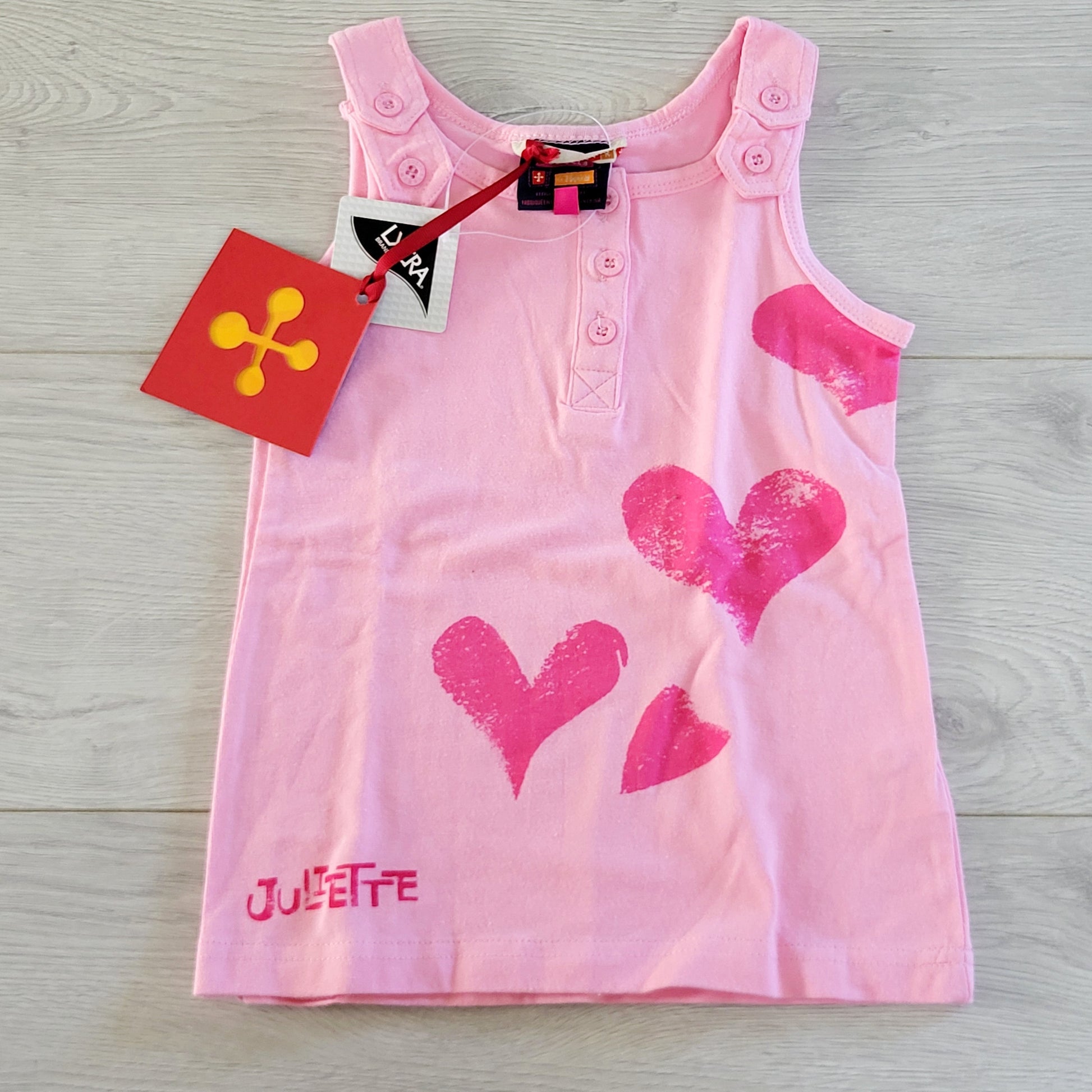 SUSM1 - NOUVEAU - Haut sans manches rose à cœurs Roméo et Juliette. Taille 2T