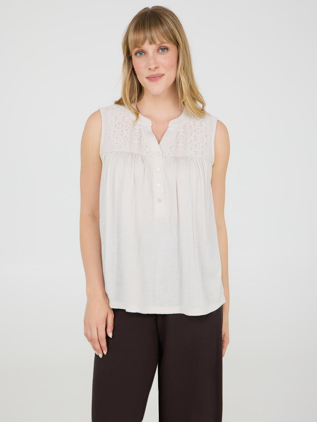 Sleeveless Henley Top With Lace Details