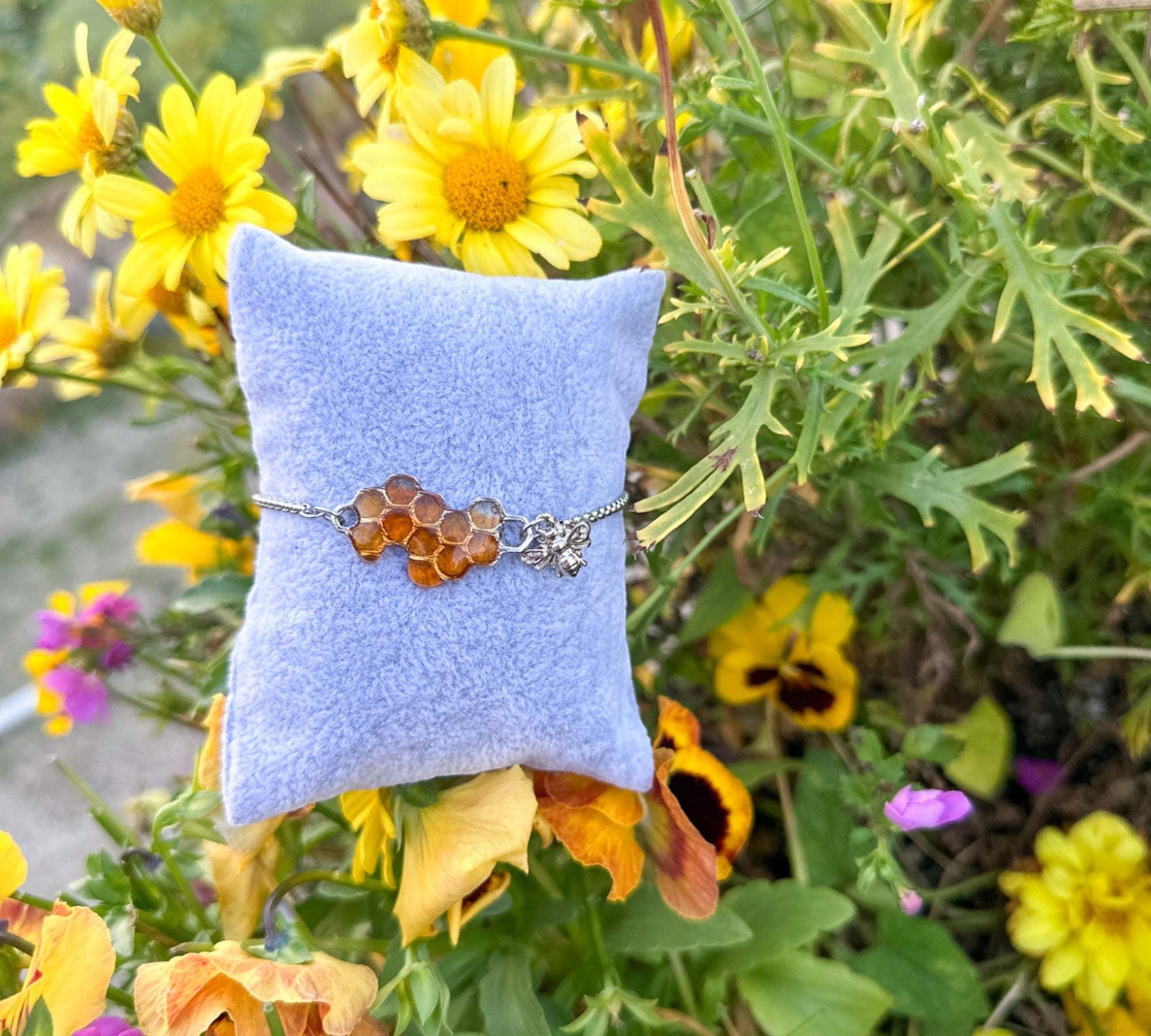 Dripping Honey Bee Bracelet - Handmade Silver Honeycomb & Bee Charm
