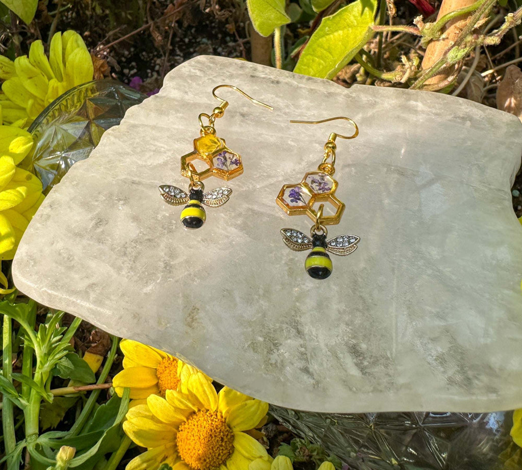 Bee -utiful Handmade Honeycomb Earrings with Rhinestone Bee Charm