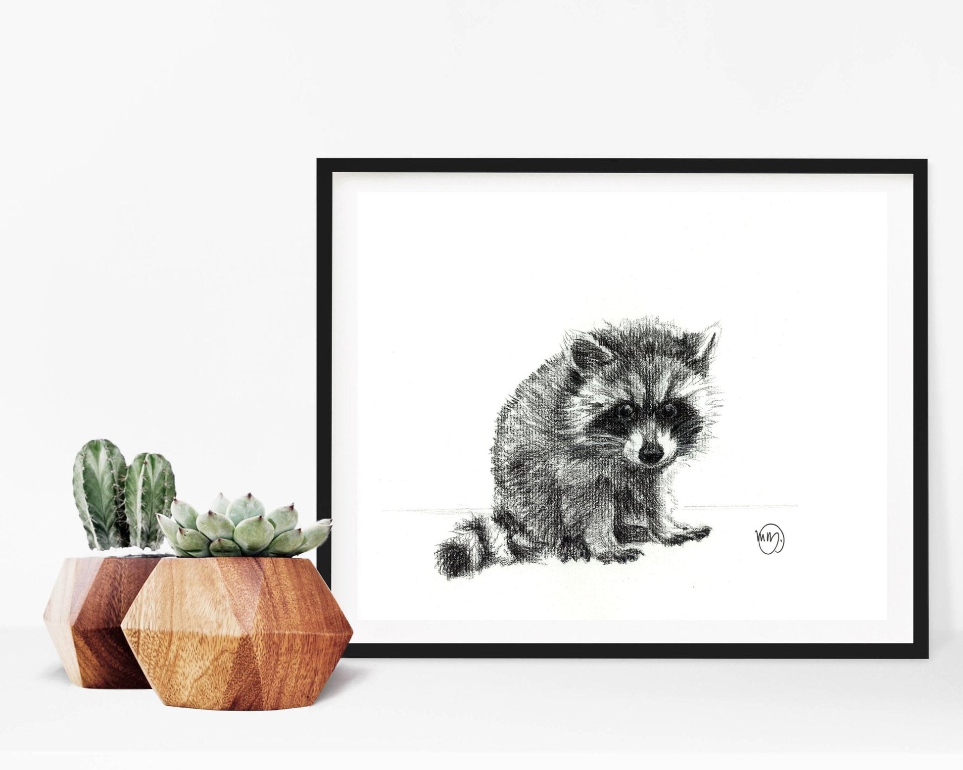 Adorable Baby Raccoon - Black and White Nursery Wildlife Art Print