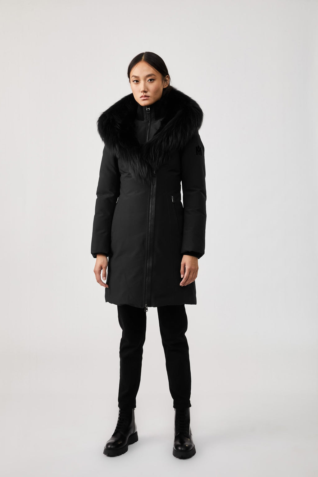 TRISH Powder Touch down coat with silver fox fur Signature Mackage Collar