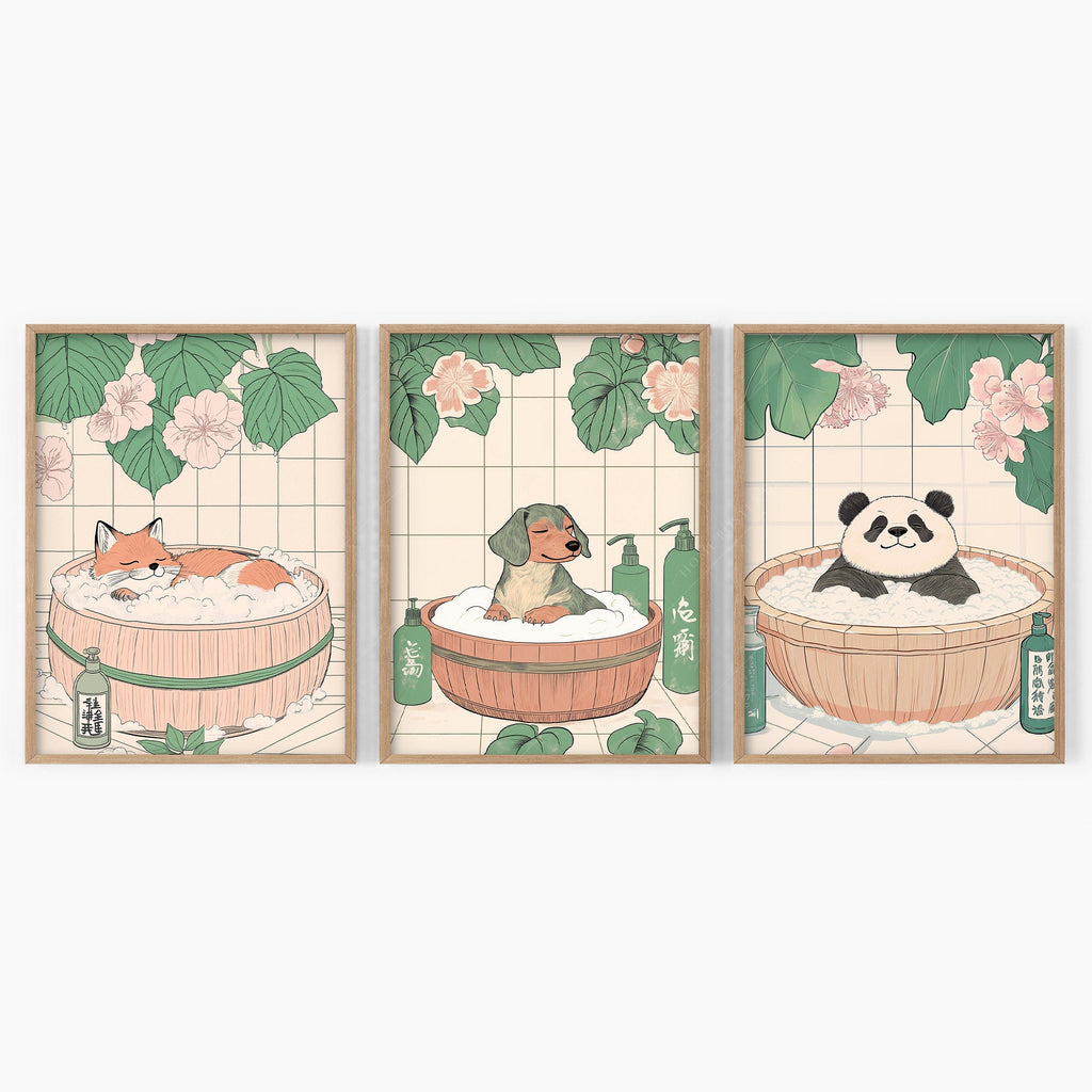 Japanese Bath Animals Art Print Set – Fox Panda Dog Nursery Wall Decor