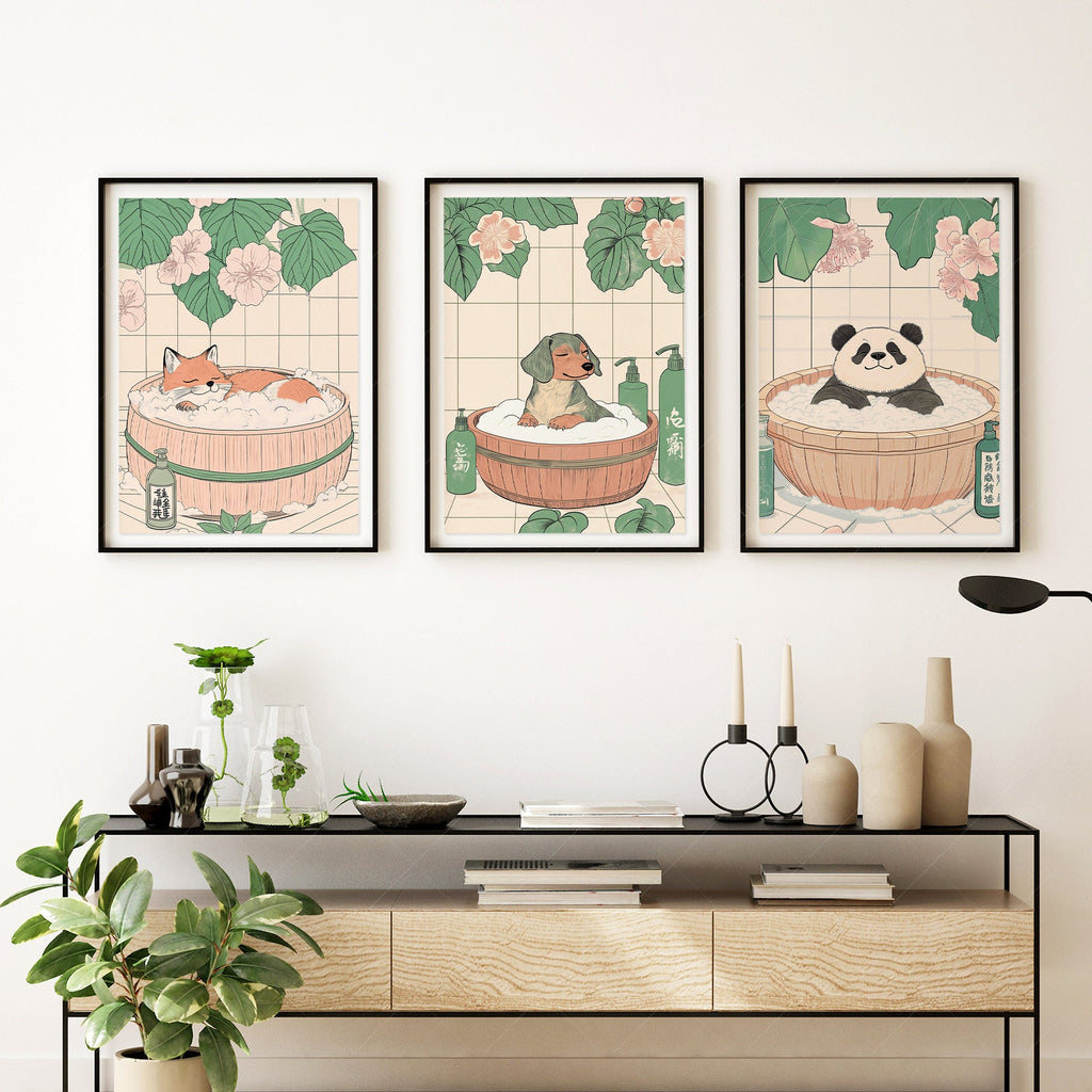 Japanese Bath Animals Art Print Set – Fox Panda Dog Nursery Wall Decor