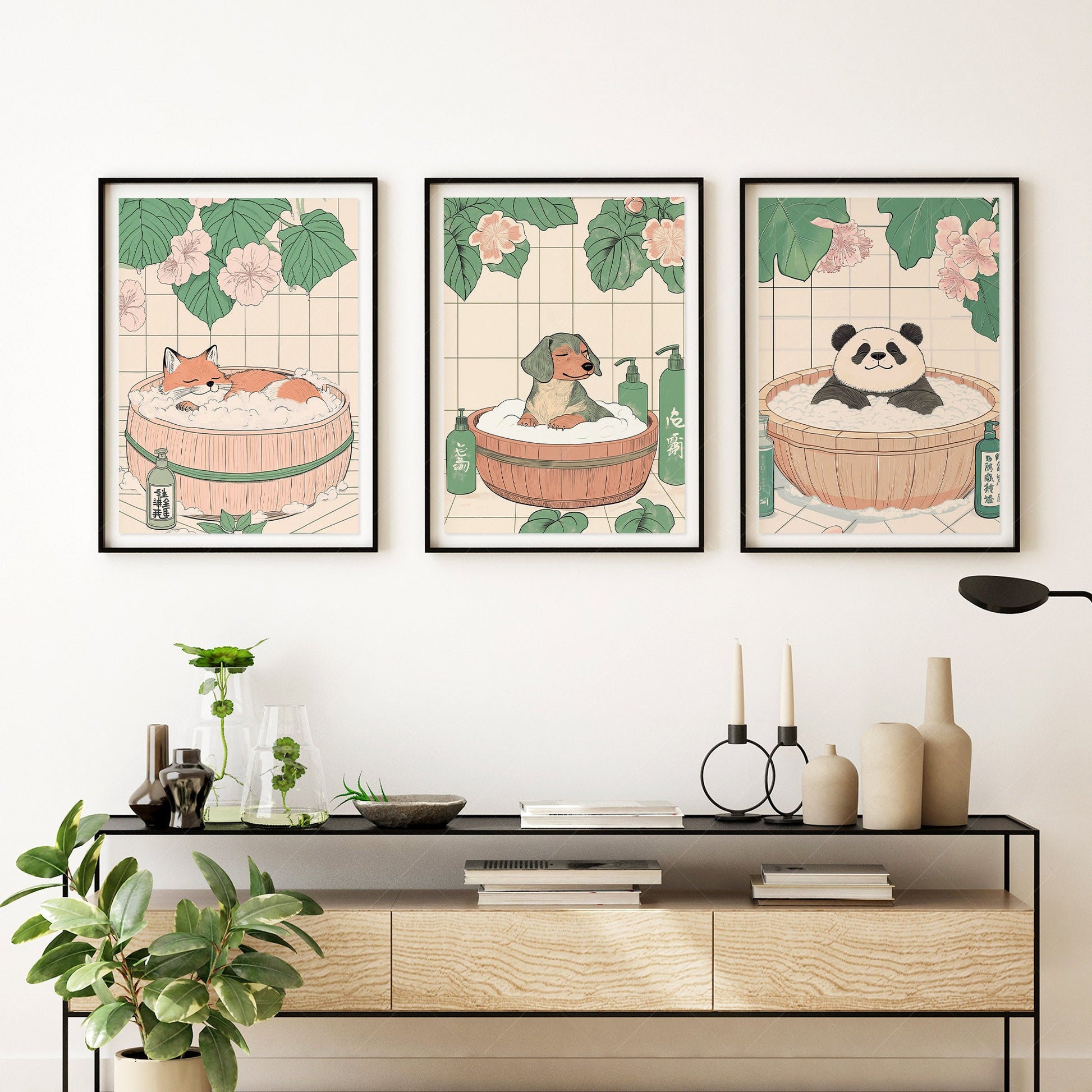 Japanese Bath Animals Art Print Set – Fox Panda Dog Nursery Wall Decor