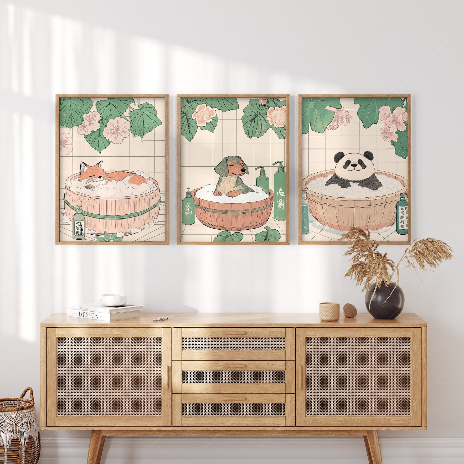 Japanese Bath Animals Art Print Set – Fox Panda Dog Nursery Wall Decor