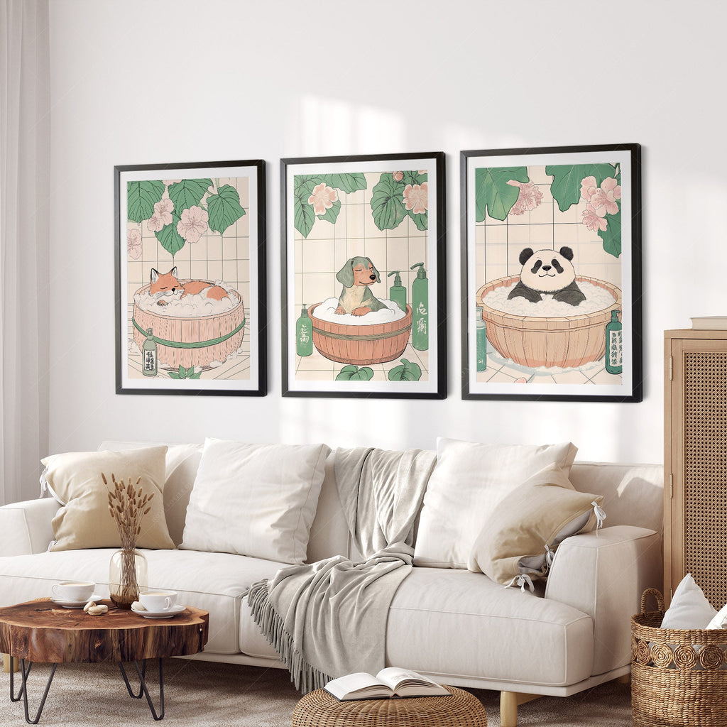 Japanese Bath Animals Art Print Set – Fox Panda Dog Nursery Wall Decor