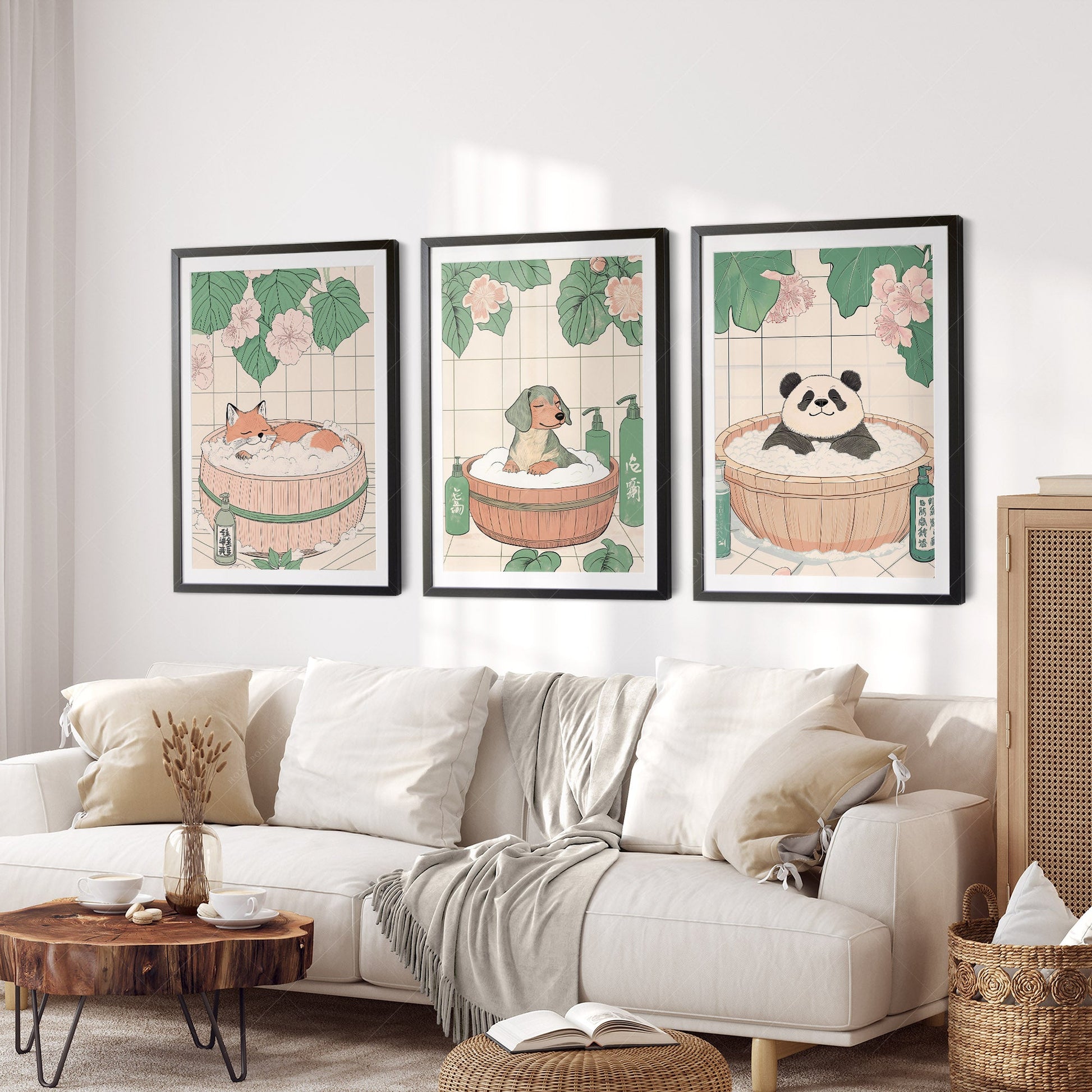 Japanese Bath Animals Art Print Set – Fox Panda Dog Nursery Wall Decor