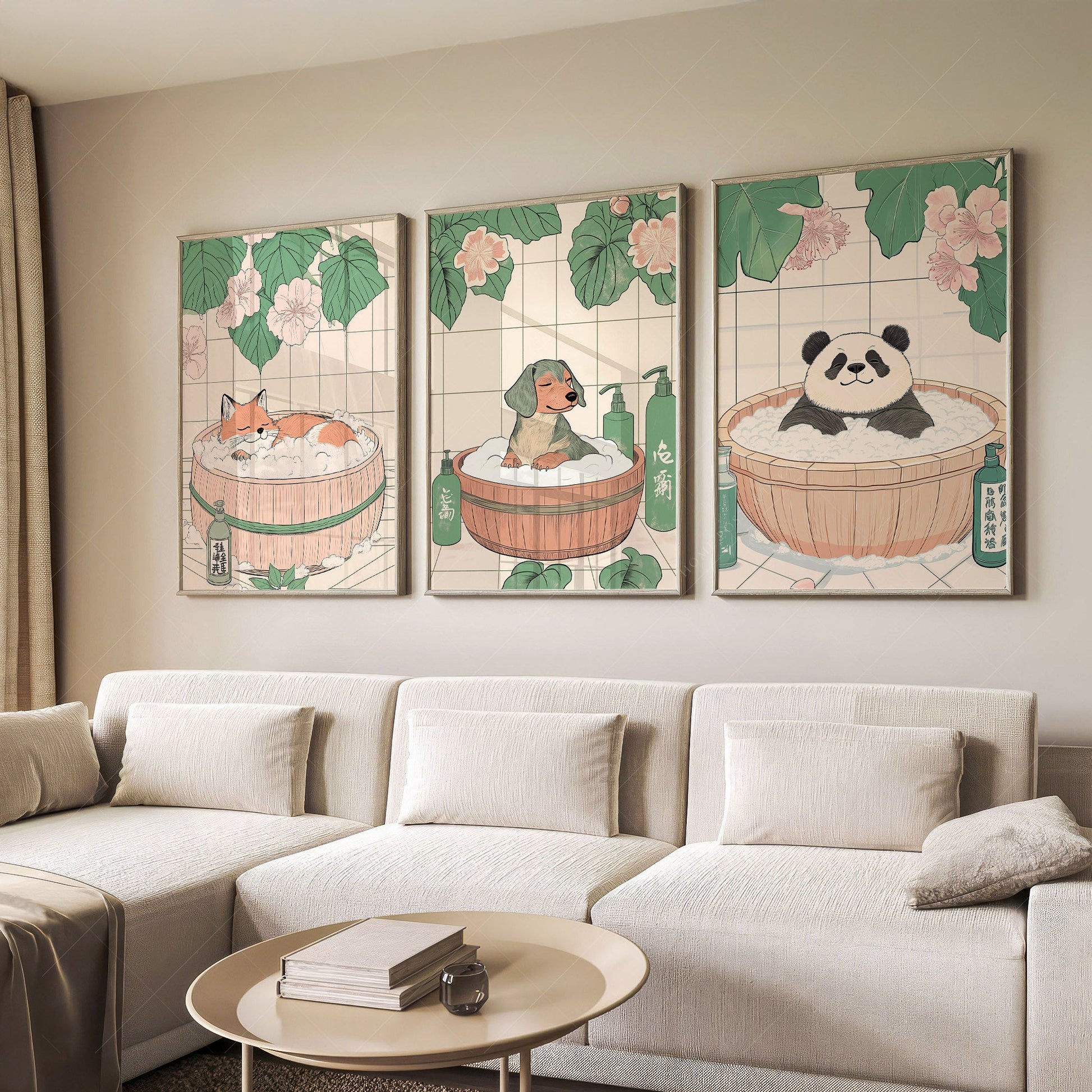 Japanese Bath Animals Art Print Set – Fox Panda Dog Nursery Wall Decor