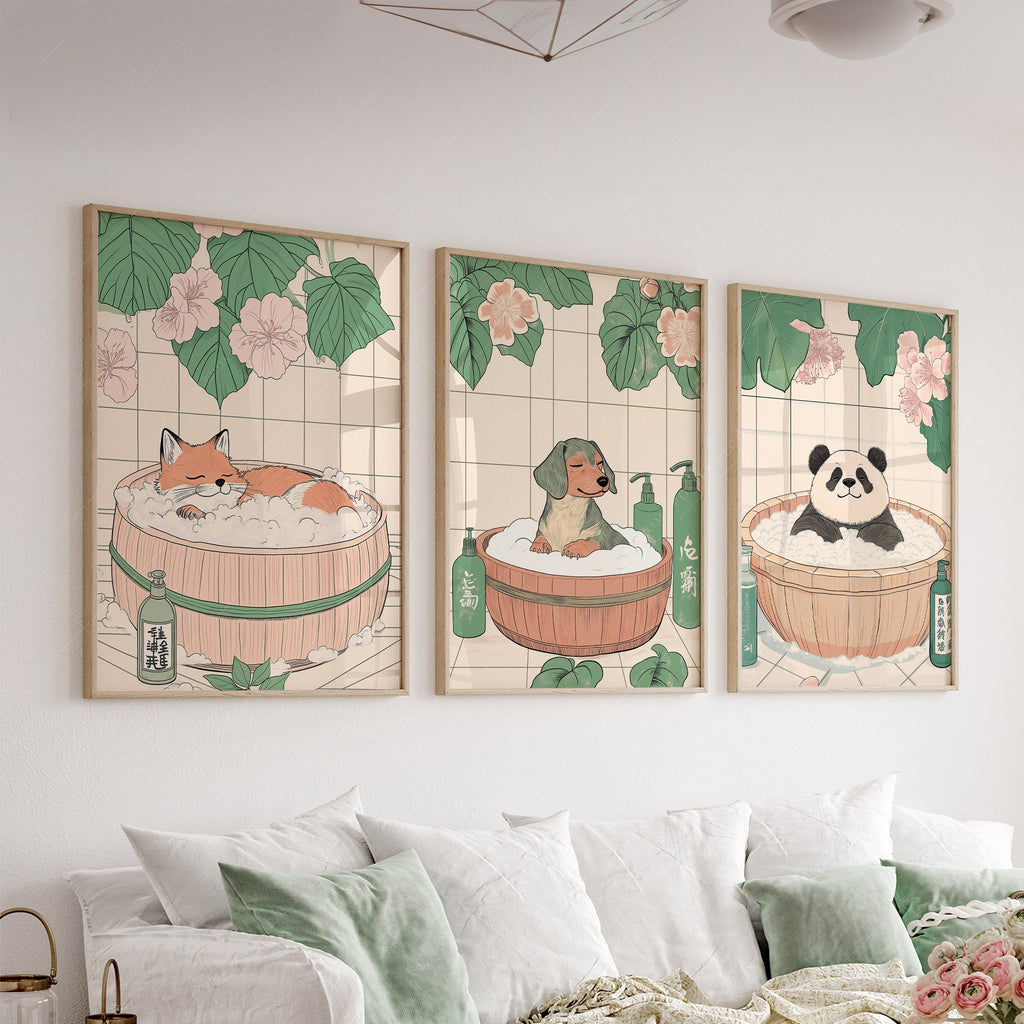 Japanese Bath Animals Art Print Set – Fox Panda Dog Nursery Wall Decor
