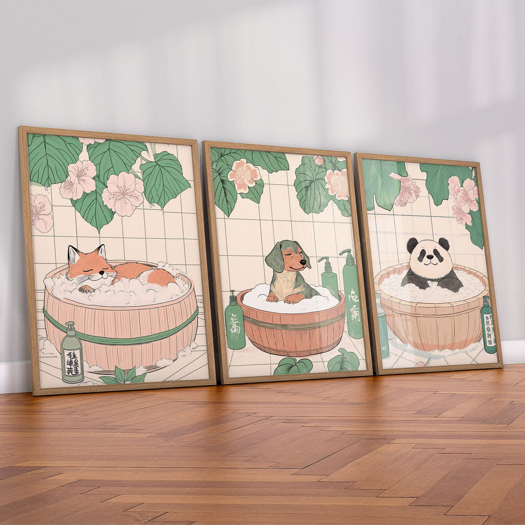 Japanese Bath Animals Art Print Set – Fox Panda Dog Nursery Wall Decor