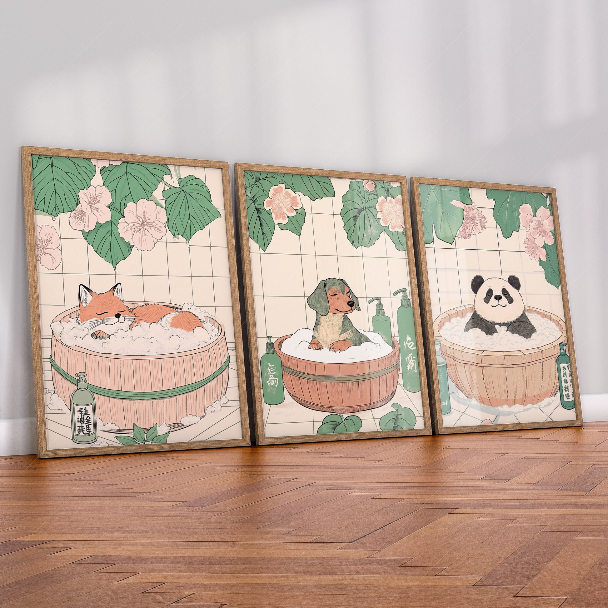 Japanese Bath Animals Art Print Set – Fox Panda Dog Nursery Wall Decor