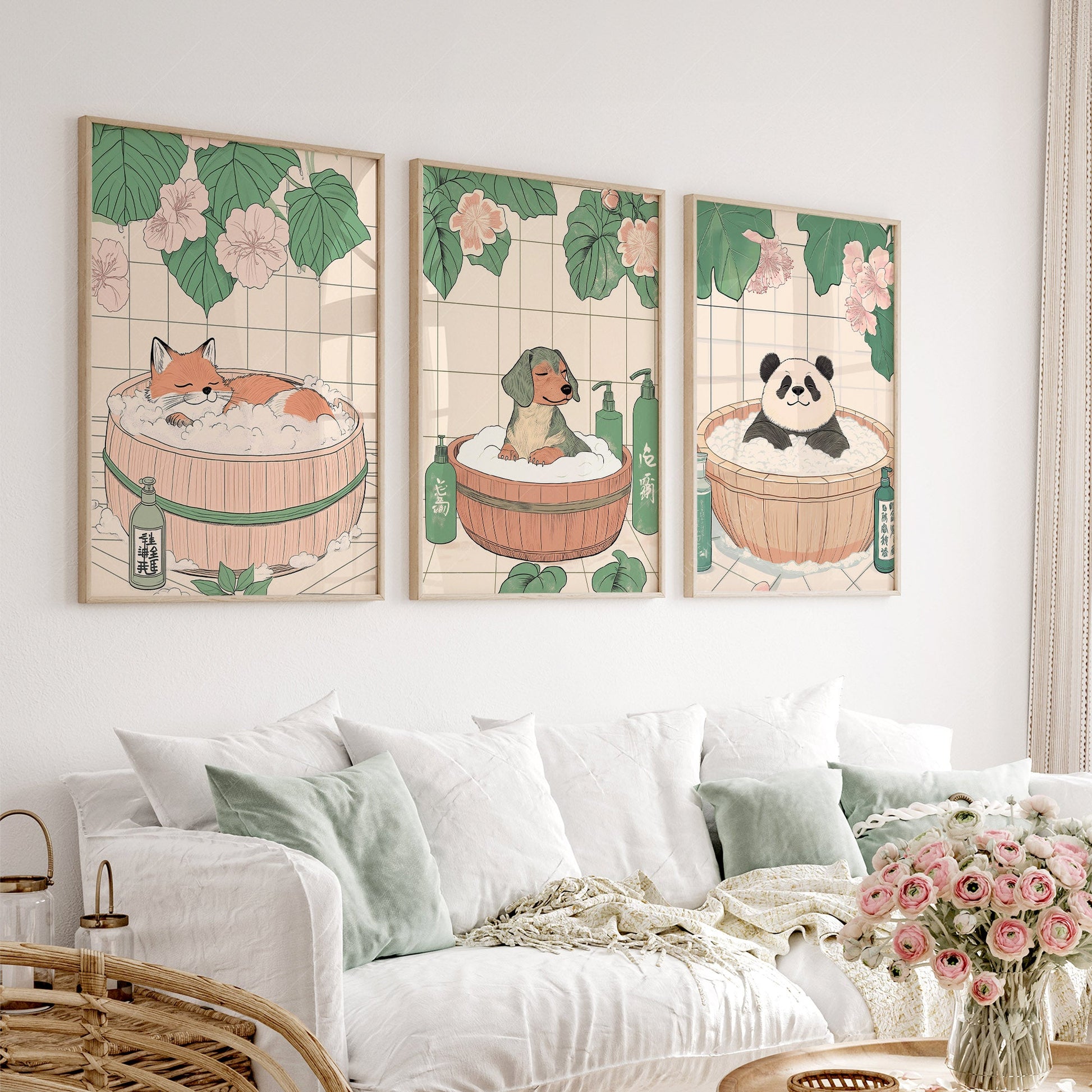 Japanese Bath Animals Art Print Set – Fox Panda Dog Nursery Wall Decor