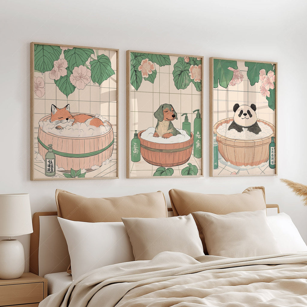 Japanese Bath Animals Art Print Set – Fox Panda Dog Nursery Wall Decor