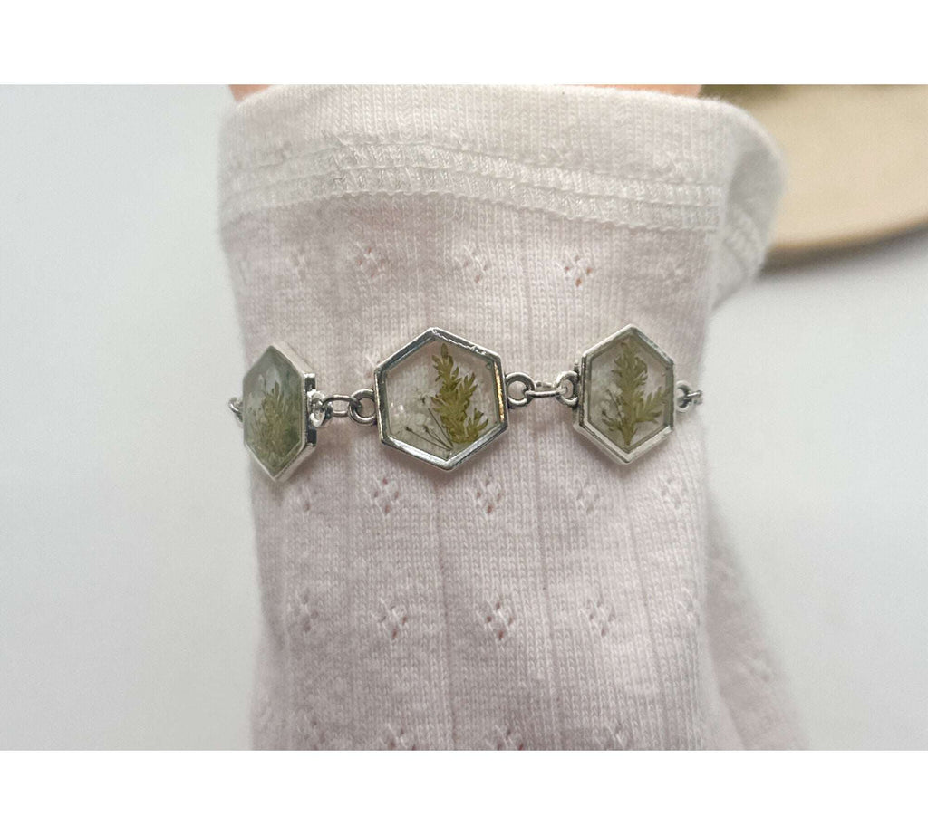 Fern Elegance: Silver Hexagon Handmade Trio Bracelet with Dried Botanicals