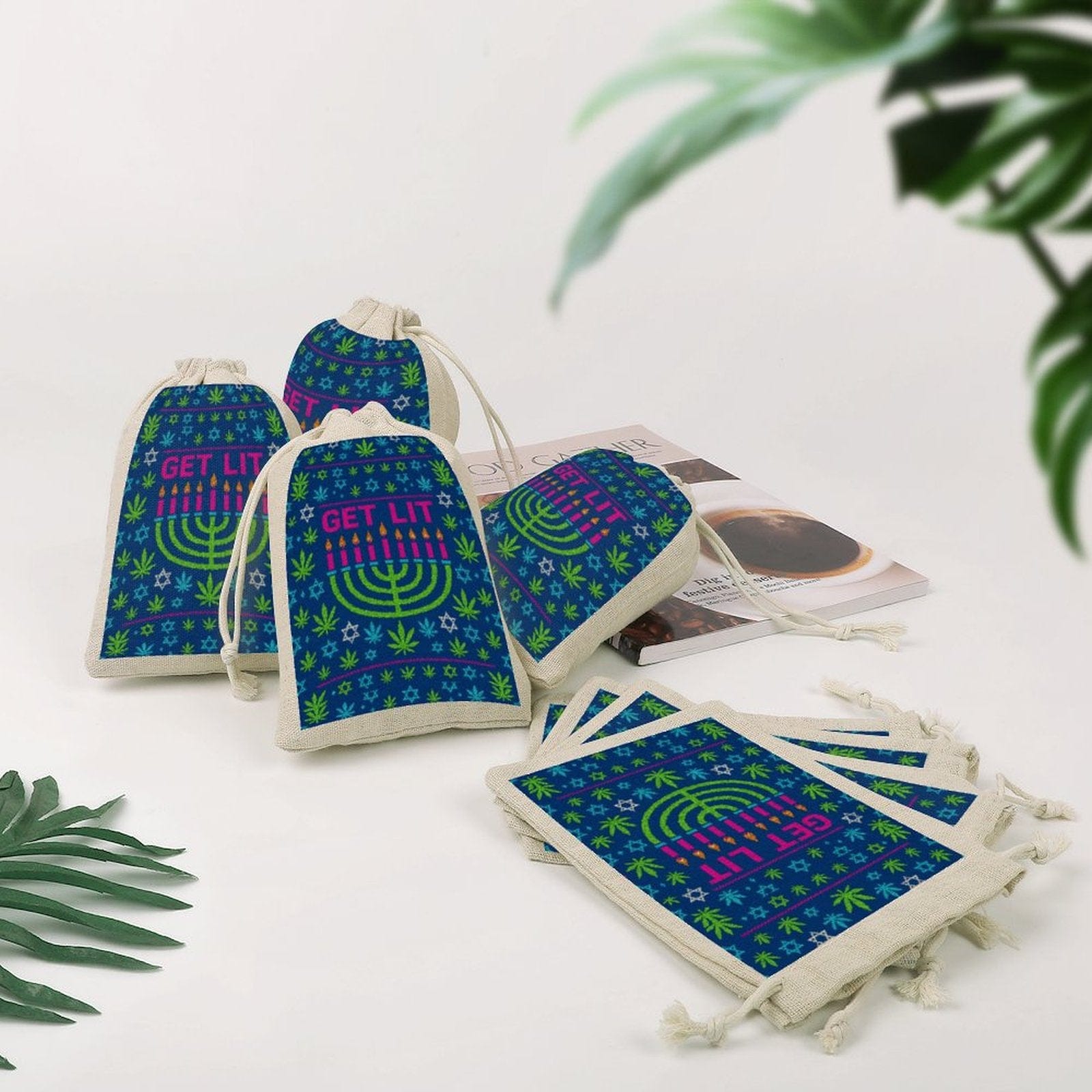 Sacs cadeaux en coton et chanvre « Get Lit » pour Hanoukka (paquet de 8)
