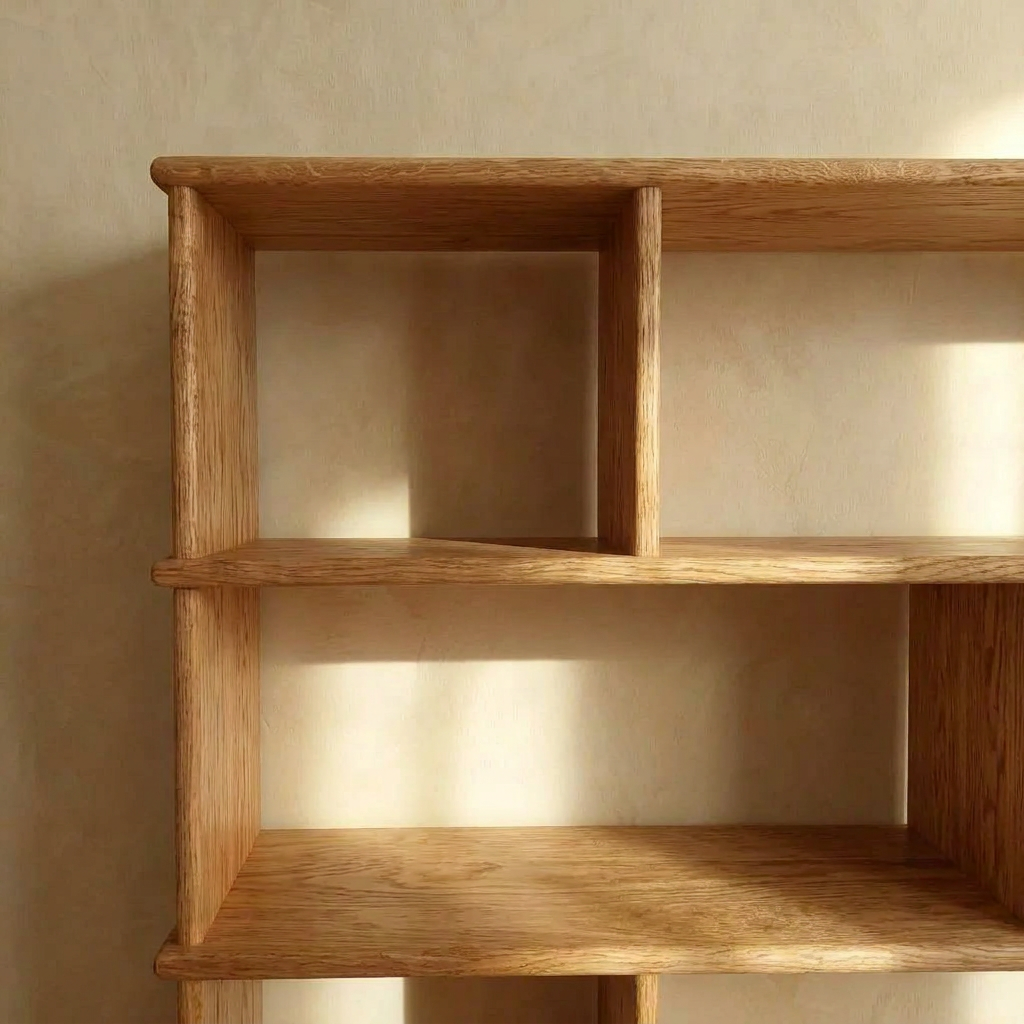 Asymmetric bookcase in red oak