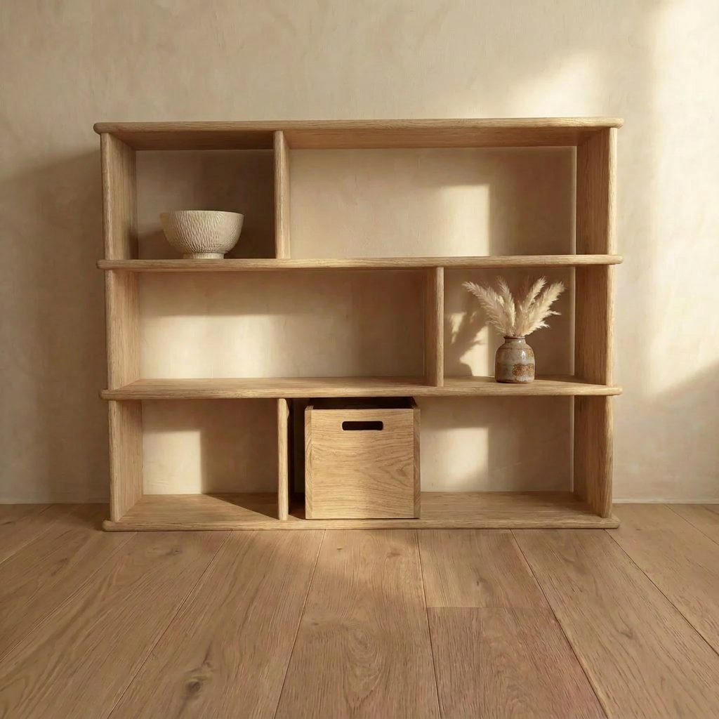 Asymmetric bookcase in white oak