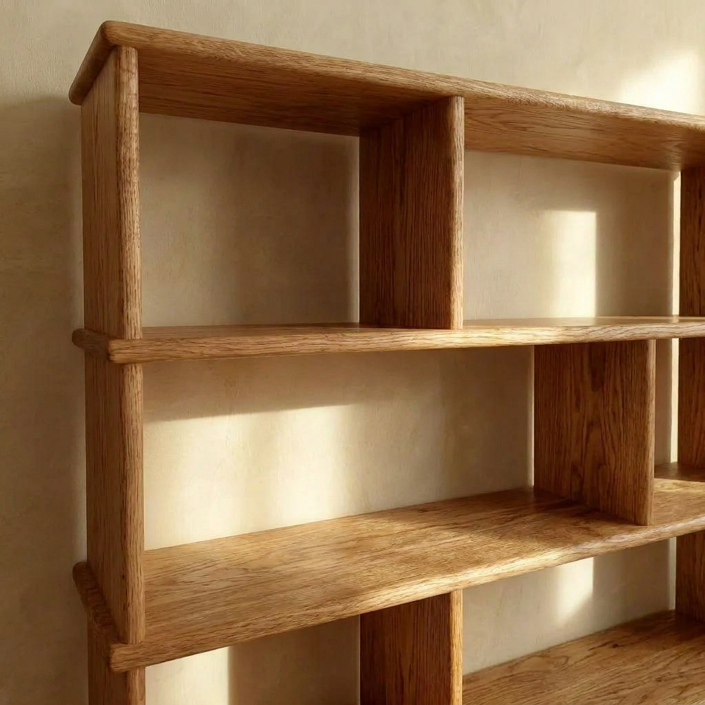 Asymmetric bookcase in red oak