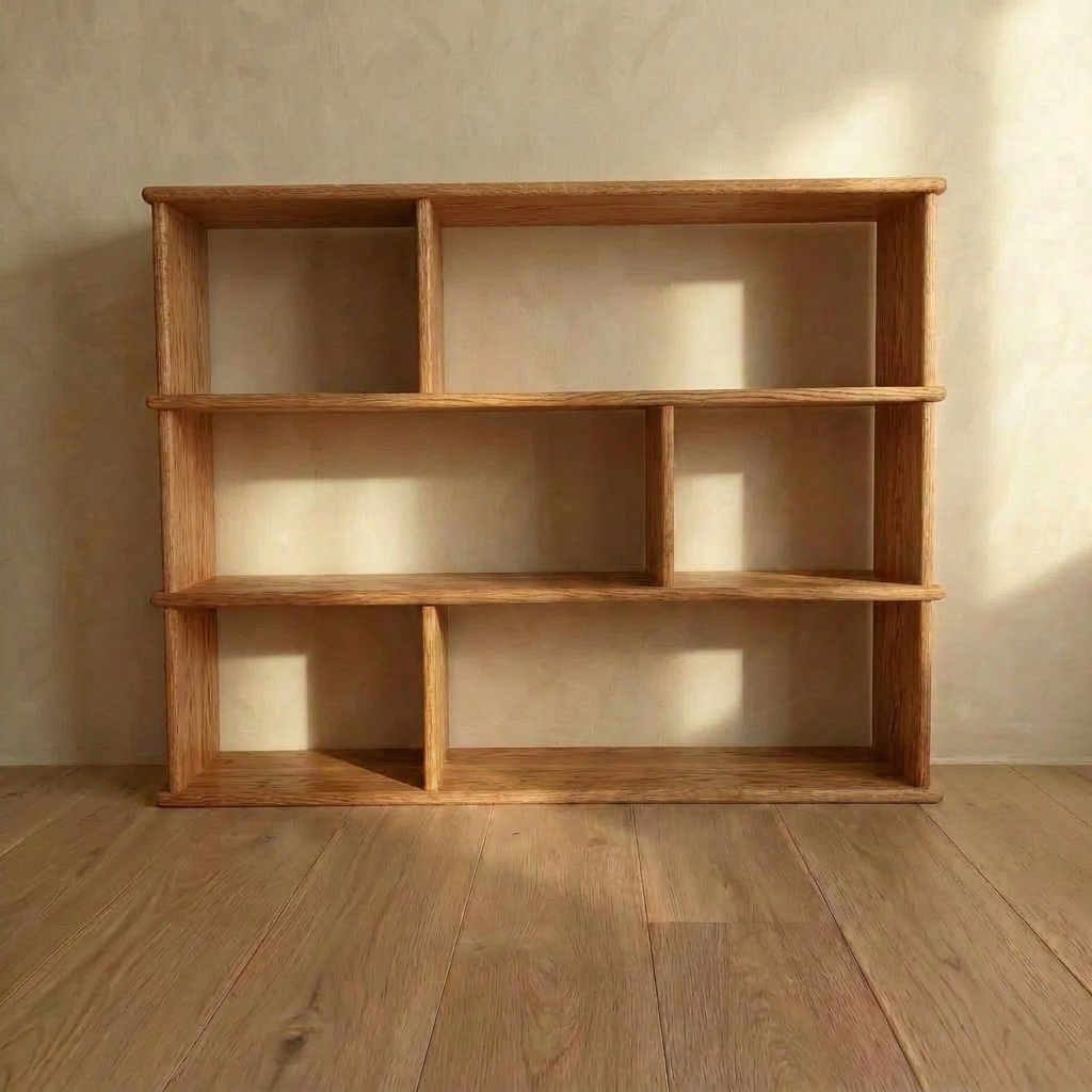 Asymmetric bookcase in red oak