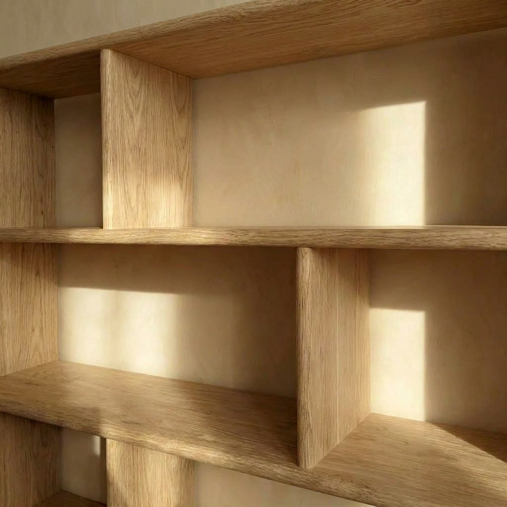Asymmetric bookcase in white oak