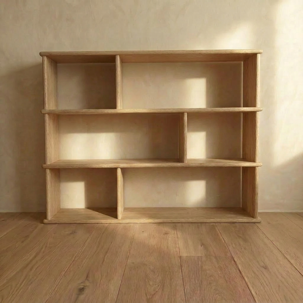 Asymmetric bookcase in white oak