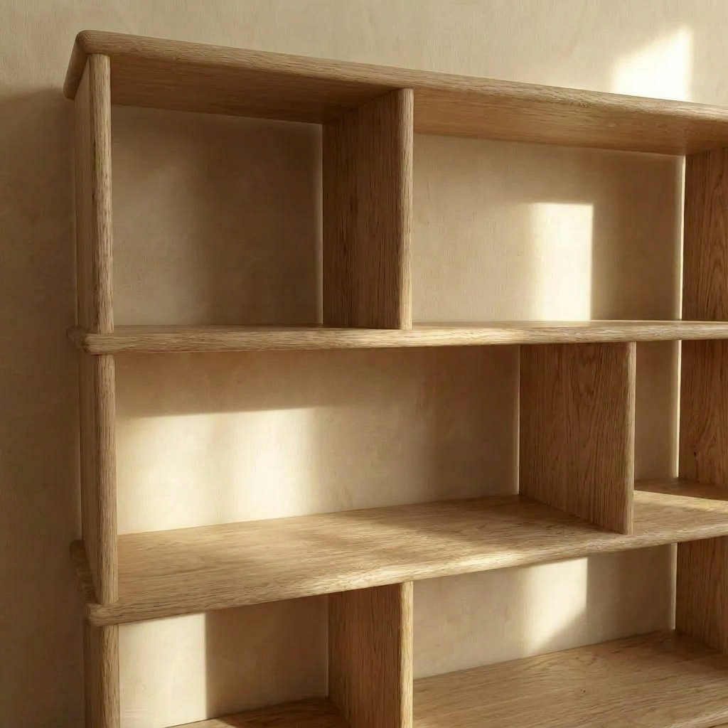 Asymmetric bookcase in white oak