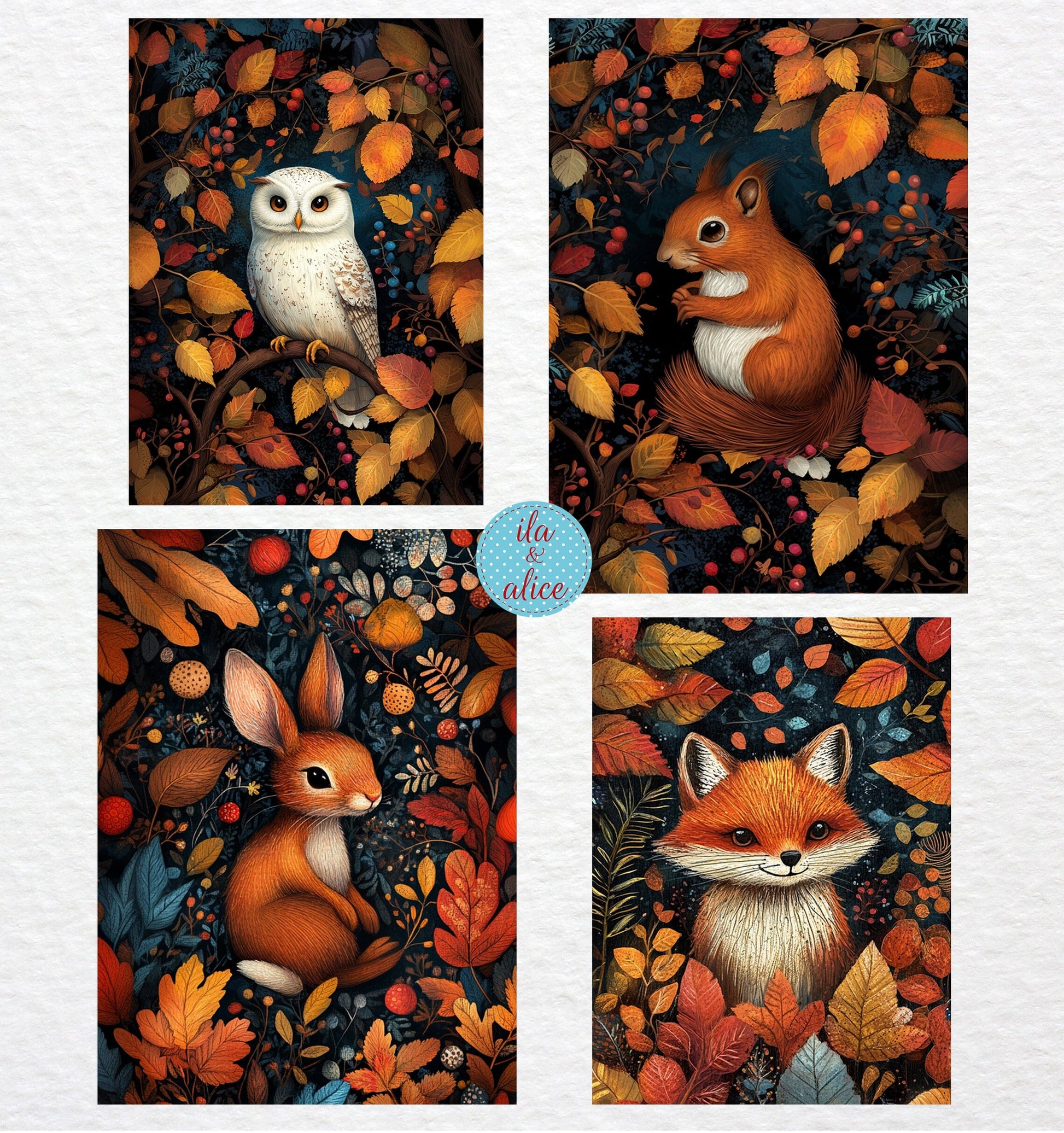 Autumn Forest Animals In Leaves Postcards