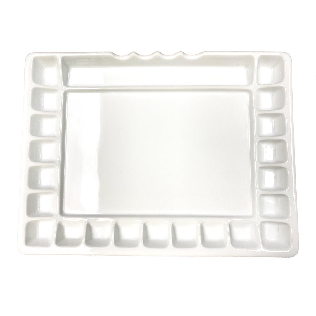21 Wells Ceramic Color Tray Palette 12" x 15 3/4" - 1 Large Mixing Area and 4 Inclined Brush Holders