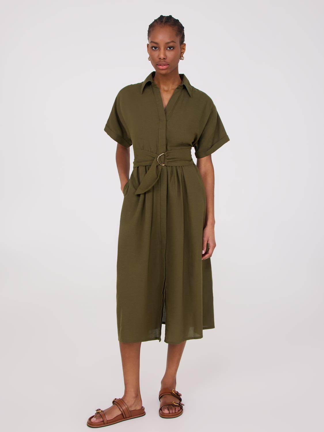 Robe chemise à manches chauve-souris en lin mélangé