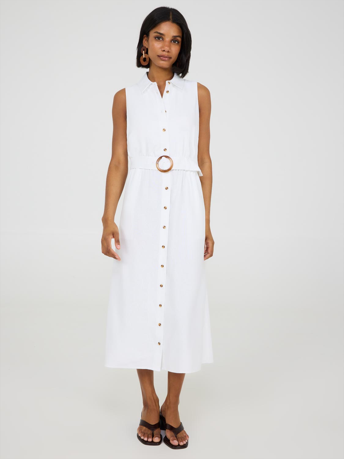 Robe chemise mi-longue sans manches en lin