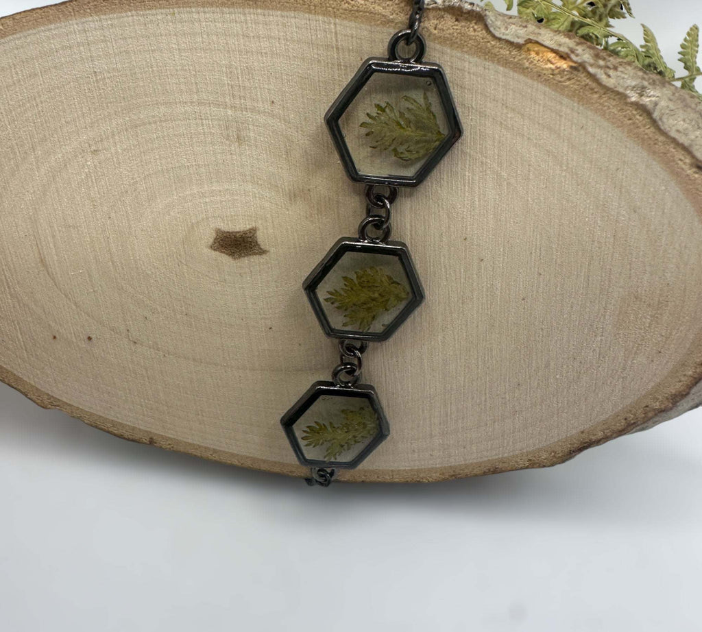 Black Forest: Black Hexagon Handmade Trio Bracelet with Dried Botanicals