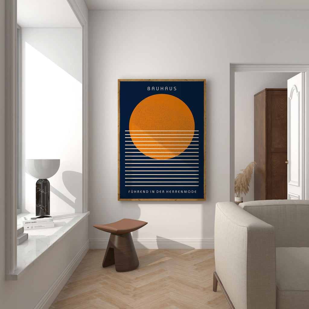 Estampe Bauhaus : Impression giclée moderne du milieu du siècle, bleu marine et orange